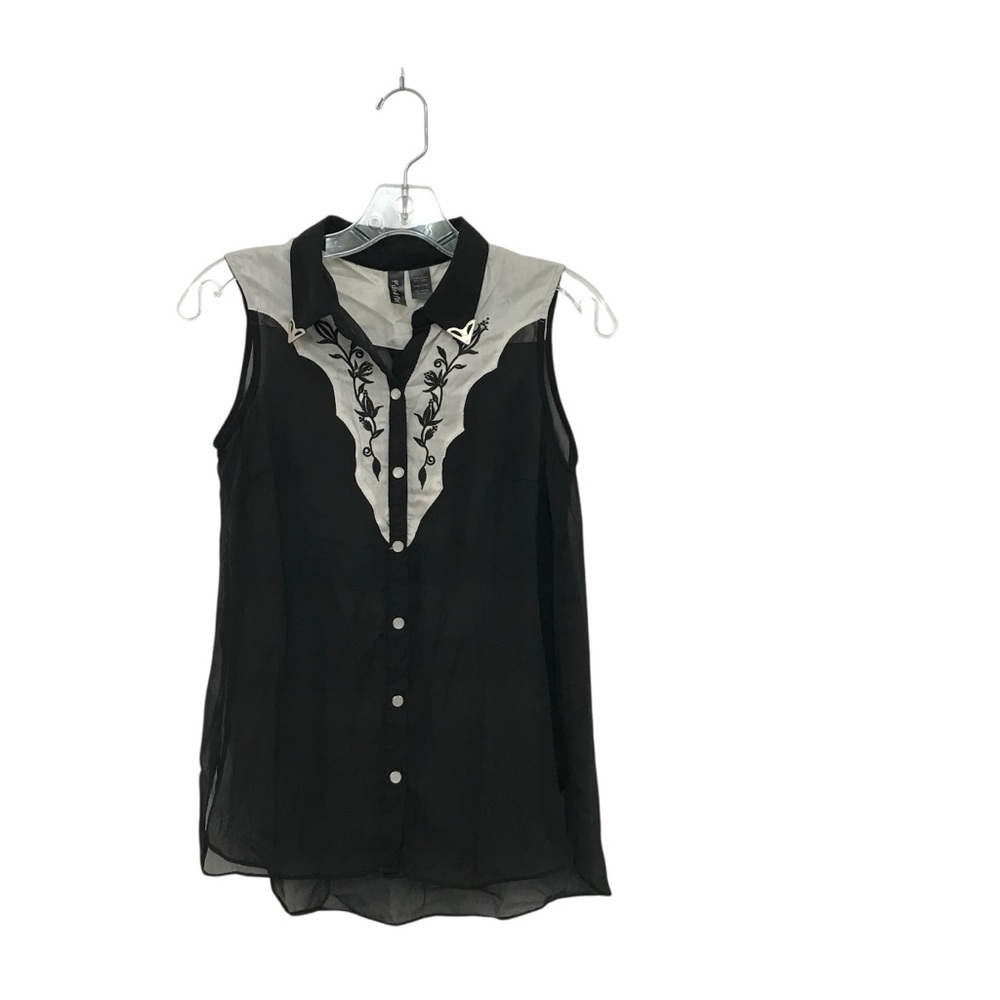 Fun & Flirt Western Black Sheer Collered Tank Pearl Snaps Vintage Size Small